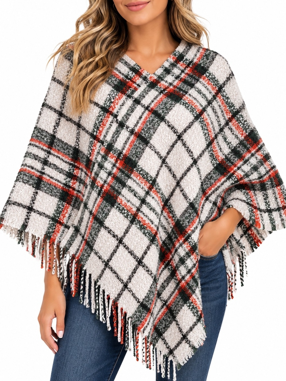 Pinkalicious Plaid Fringe Poncho Wrap Ivory Black Rust OSFM Boho